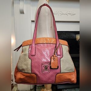 Guess Satchel Tote Bag Quilted Logo Lattern Gold-Tone Hardware